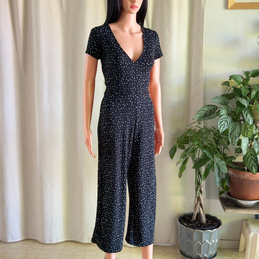 Black Polka Dot Ribbed Wide Leg Cropped Jumpsuit Parisian Retro Minimalist M
